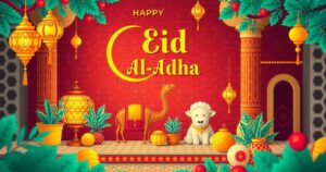 Colorful celebration of Eid Al-Adha in Nigeria with traditional motifs and festive decor.