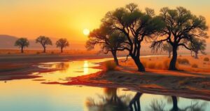 A serene Namibian desert landscape with a golden sunset, featuring silhouettes of acacia trees and a peaceful river.
