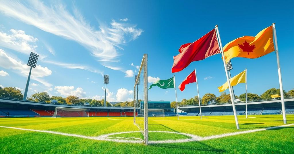 A vibrant soccer field with goalposts, green grass, and colorful flags waving in the background under a sunny sky.