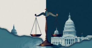 An abstract representation of democracy in crisis, featuring broken scales and shadows of government buildings in muted tones.