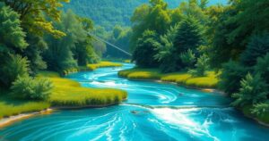 A peaceful landscape depicting a serene river and lush trees in vibrant colors.