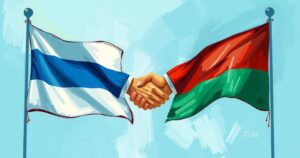 Peace deal signing between two flags with symbolic handshake representing unity and cooperation.