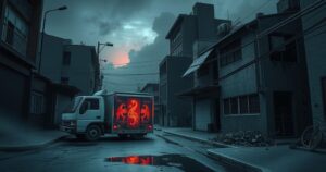 Dark urban landscape depicting Colombia's troubled youth amidst crime and violence scenes, in somber colors.