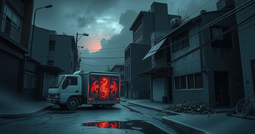 Dark urban landscape depicting Colombia's troubled youth amidst crime and violence scenes, in somber colors.