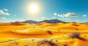 Scorching sun over Moroccan cities, heatwave with bright blue skies and desert landscapes under intense sunlight.