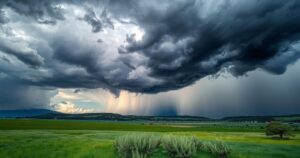 Central and eastern Montana weather forecast with thunderstorms, clouds, and contrasting warmer and cooler areas.