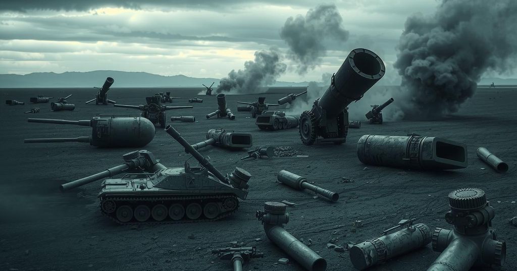 A dramatic battlefield scene depicting two opposing forces clashing in a desolate landscape during a conflict.