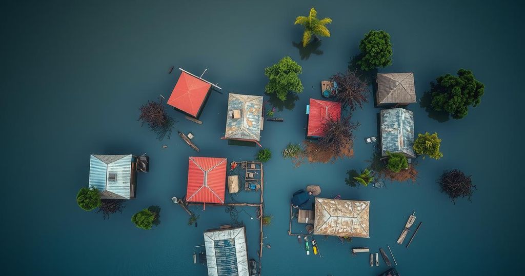 Aerial view of flooded Niger communities with submerged homes and trees, depicting the impact of a severe flood disaster.
