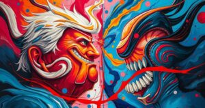 Dramatic depiction of two colossal egos represented by abstract figures clashing in a colorful political arena.