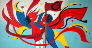 Colorful, abstract representation of a protest theme with dynamic shapes and bold colors, showcasing unity and resistance.