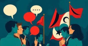 Illustration of a political discourse scene with symbolically divided factions and flags representing diverse viewpoints.