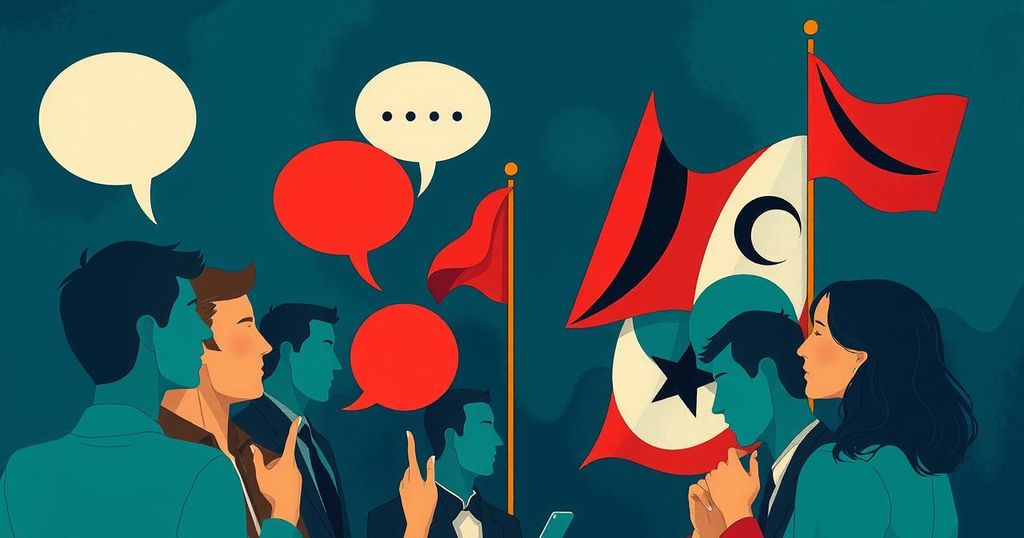 Illustration of a political discourse scene with symbolically divided factions and flags representing diverse viewpoints.