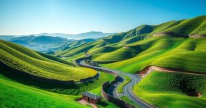 A serene Moroccan landscape with winding roads, green hills, and bright blue skies symbolizing safe travel during Eid.