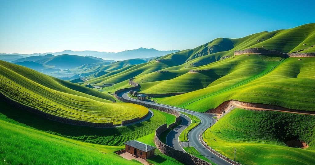 A serene Moroccan landscape with winding roads, green hills, and bright blue skies symbolizing safe travel during Eid.
