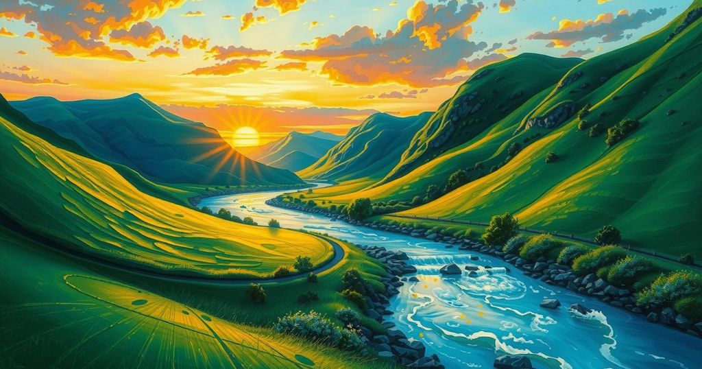 A serene landscape depicting lush green hills and a river after heavy rains, showcasing the beauty of Colombia.