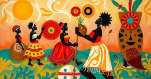 Artistic representation of the FESTAC 77 event featuring vibrant colors and cultural symbols reflecting African cinema.