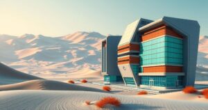 Futuristic factory buildings on a desert landscape with advanced technology focus and a modern color scheme.