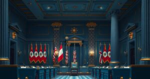 President Trump discussing military actions in an official setting at NATO summit with flags and architecture in the background.