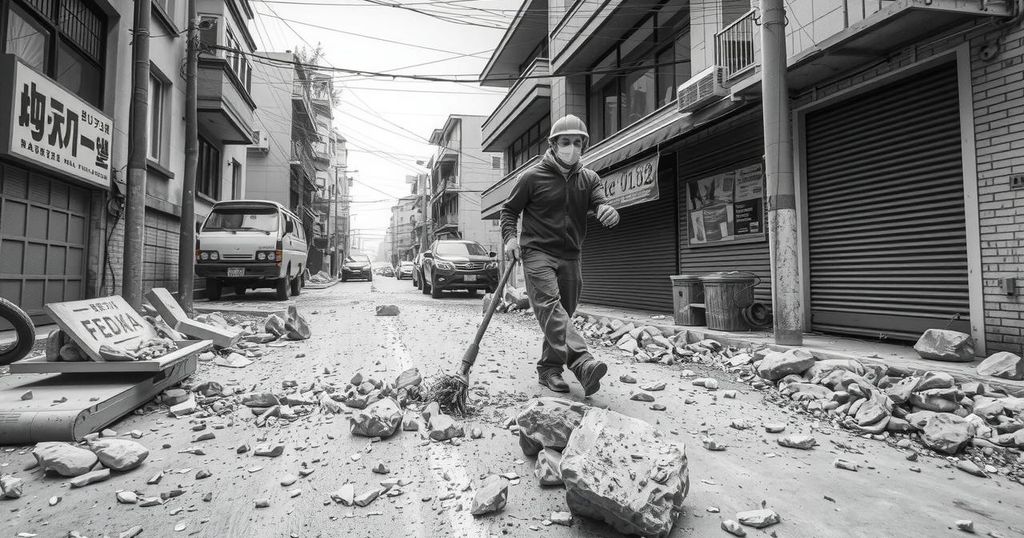 A worker clearing debris and rocks in a street after an earthquake in Lima, showcasing urban resilience.