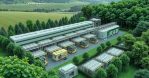 A vibrant battery plant in a lush green landscape, showcasing advanced technology and production lines for electric vehicles.