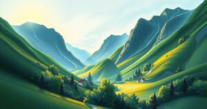 Peaceful landscape symbolizing hope for resolution between nations, featuring vibrant greens and soft blues.