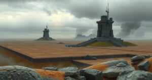 A dramatic skyline showcasing military structures in a vast landscape under an overcast sky, with muted earth tones.