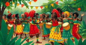 A vibrant scene of traditional Togolese welcome with drumming and dancing, showcasing cultural attire and local celebration.