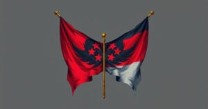 A symbolic representation of North Korea and Russia's partnership, featuring flags and military symbols in somber colors.