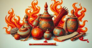 A vibrant illustration of traditional artifacts against a backdrop of extreme heat warning symbols.