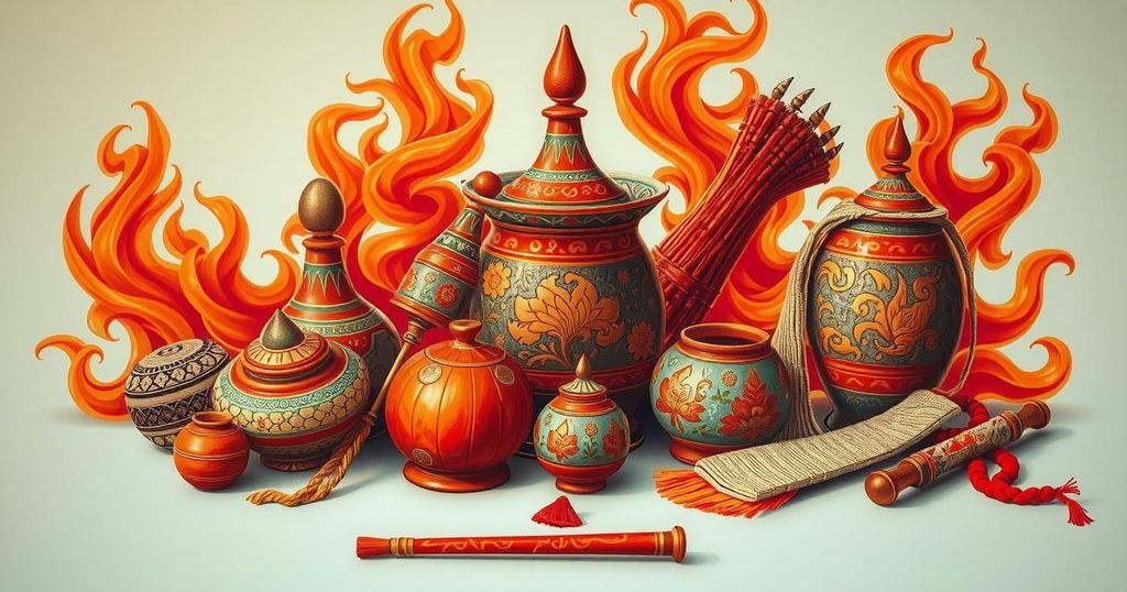 A vibrant illustration of traditional artifacts against a backdrop of extreme heat warning symbols.