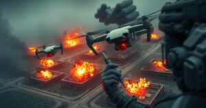 Aerial view of drones launching from camouflaged wooden structures in a military setting with smoke and explosions.