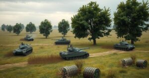 A military training scene with tanks and armored vehicles in a grassy field under a cloudy sky.