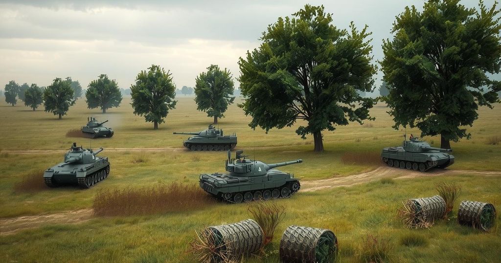 A military training scene with tanks and armored vehicles in a grassy field under a cloudy sky.