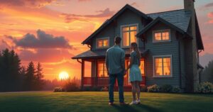 A couple standing in front of a house, looking thoughtful with a warm sunset backdrop, symbolizing resilience and hope.