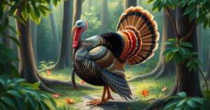 Wild turkey in a natural setting surrounded by lush foliage, depicting nature's beauty in a vibrant color scheme.