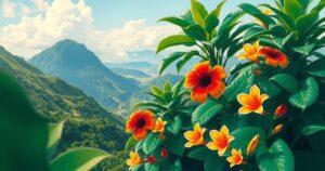 A landscape of Brazil with vibrant colors, showcasing lush greenery and tropical flowers under a bright sky.