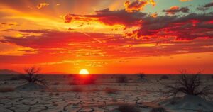 Sunset over a dry landscape with a dramatic heatwave effect in warm colors, capturing intense summer conditions.
