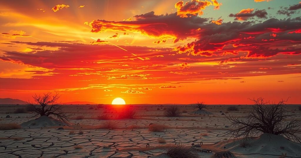 Sunset over a dry landscape with a dramatic heatwave effect in warm colors, capturing intense summer conditions.
