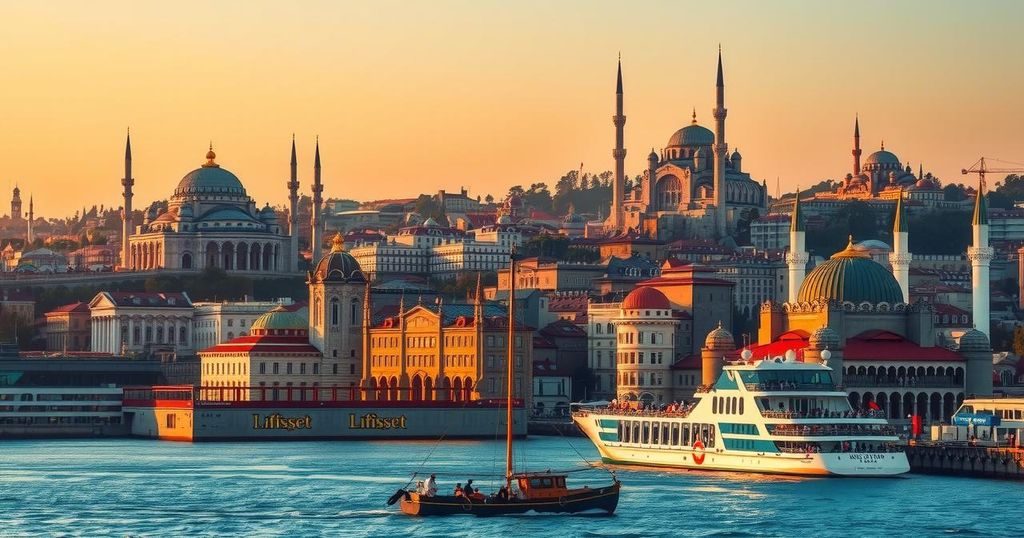 Istanbul skyline with flags, symbolizing peace talks between Russia and Ukraine in a diplomatic setting.