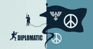 A tense political landscape illustrated with abstract symbols of diplomacy, military, and tranquility in muted colors.