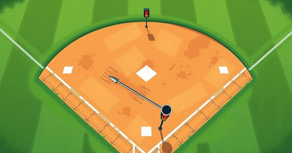 A vibrant illustration of a baseball diamond with a third base in focus, showing a decorative stoplight for Phillies fans.
