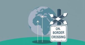A visual representation of a travel ban concept, featuring a globe and a border crossing symbol in muted colors.
