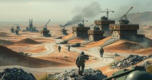 A vivid depiction of military buildings and demining equipment in a war-torn landscape, symbolizing international cooperation.