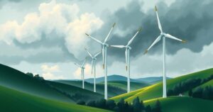 Wind turbines against a cloudy sky in green hills representing renewable energy.