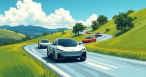 Electric vehicles racing through a lush, green landscape highlighting the rise of innovation in the auto industry.