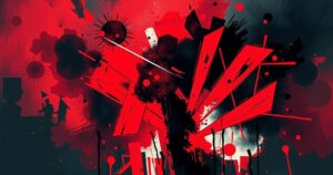 A symbolic representation of international conflict with abstract shapes and dark colors depicting tension and turmoil.