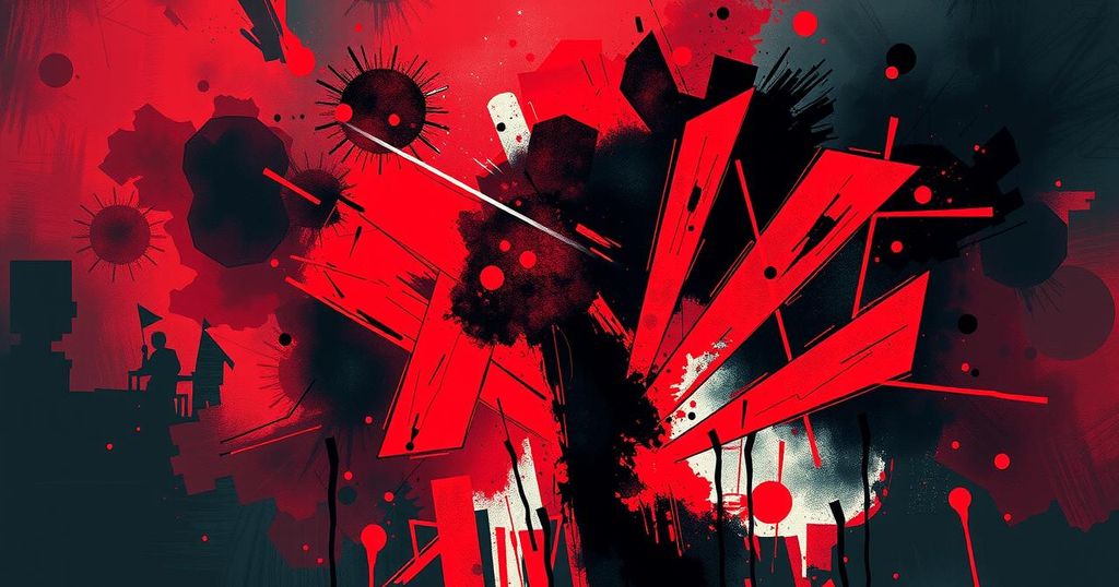 A symbolic representation of international conflict with abstract shapes and dark colors depicting tension and turmoil.