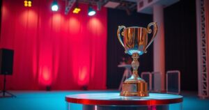 Golden Goblet trophy on a stage at a film festival, illuminated by colorful lights, showcasing cinematic achievement.