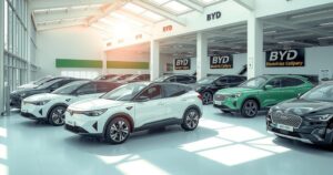 Electric vehicle dealership showcasing BYD's models in South Africa, with green energy emphasis and clean lines.