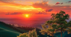 A serene landscape with rolling hills, trees, and a vibrant sunset in warm oranges and purples.